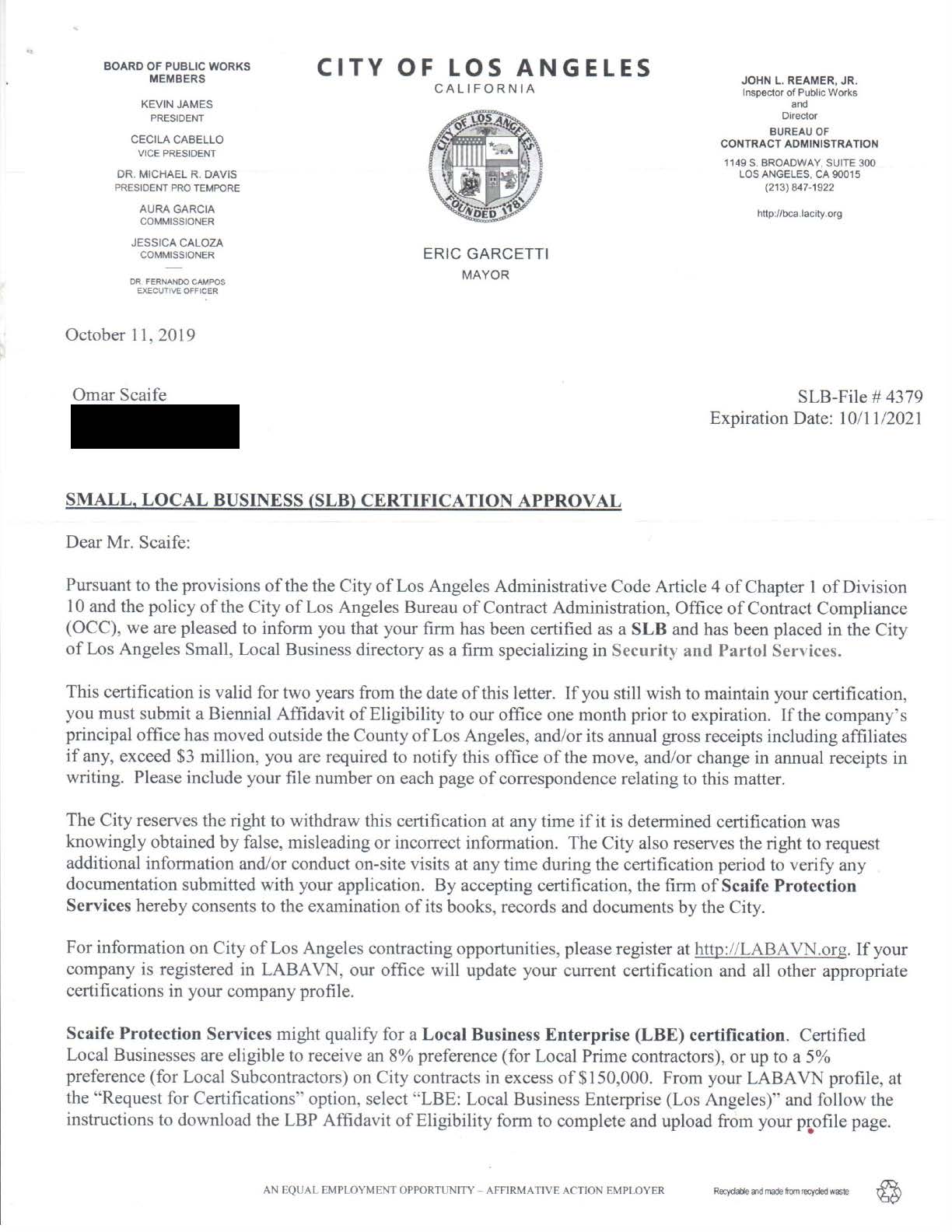 City of Los Angeles: Small Business Certification (Page 1)