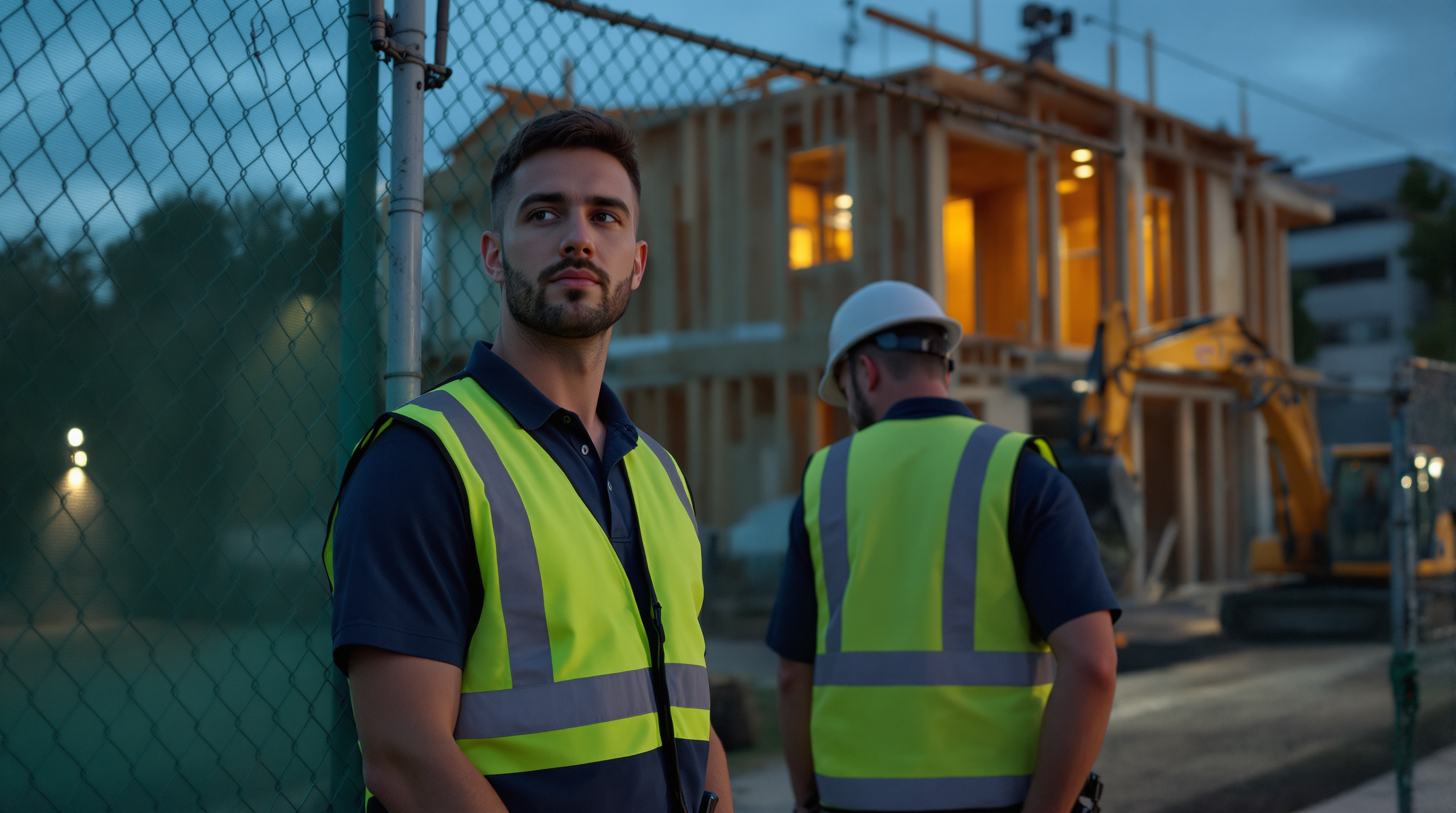 Licensed Scaife Protection security guard standing watch at the perimeter fence of an active Los Angeles construction site at dusk