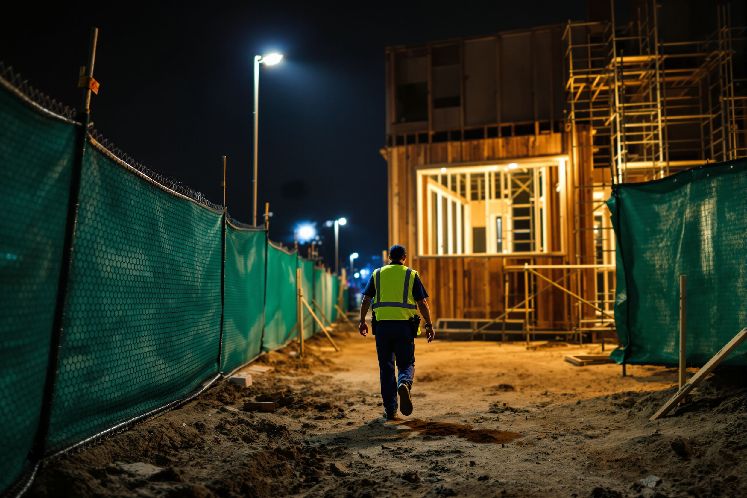 Scaife Protection security guard walking overnight patrol through an active Los Angeles construction site with perimeter fencing and floodlights