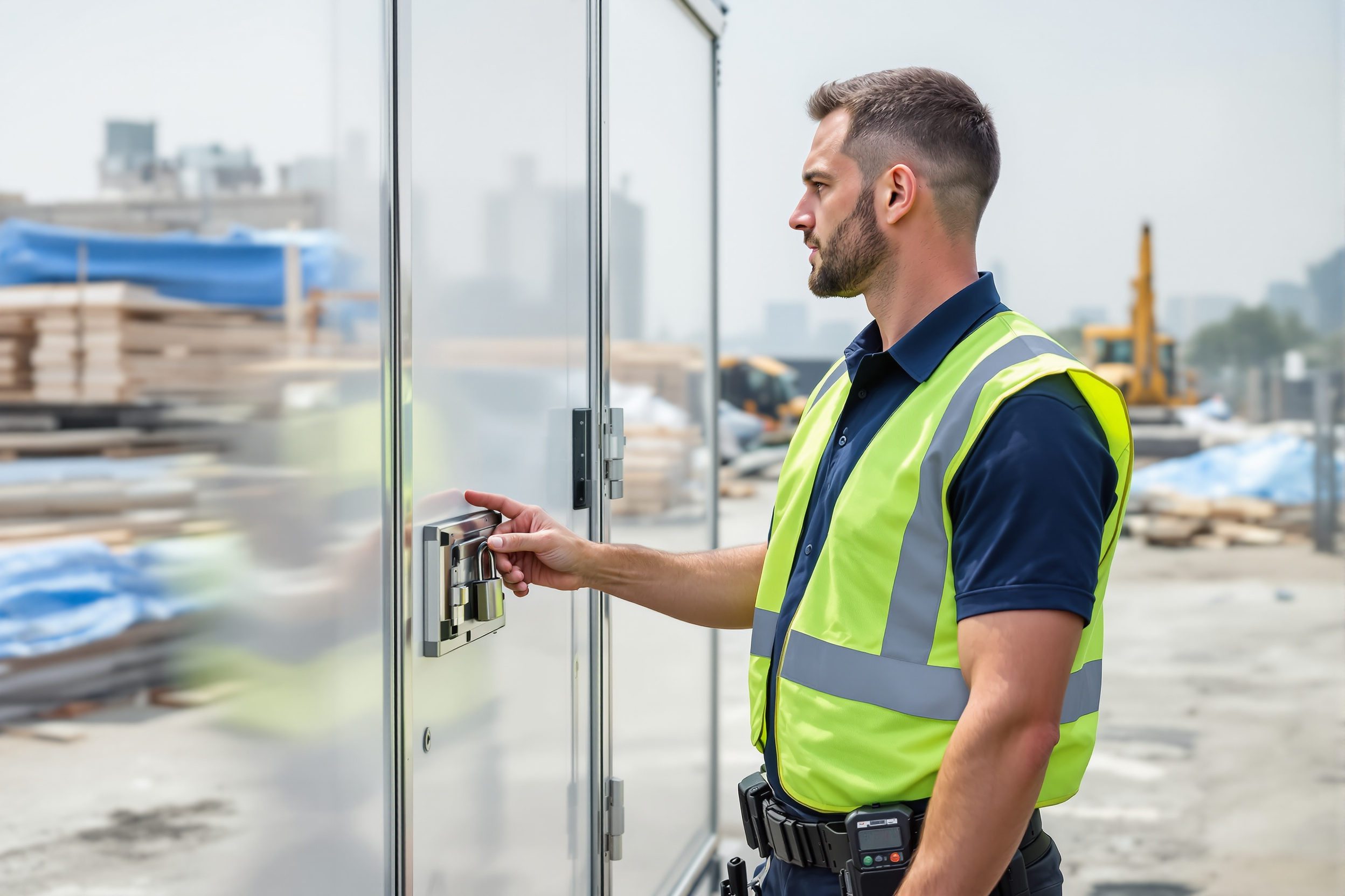 Scaife Protection construction site security guard checking the secured padlock on a job-site tool storage trailer in Los Angeles