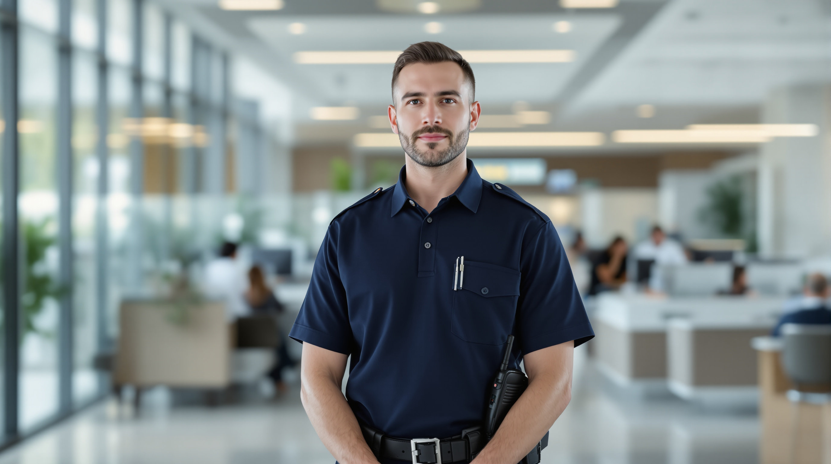 Professional unarmed security guard standing alert in a modern hospital lobby, providing healthcare security services across Los Angeles