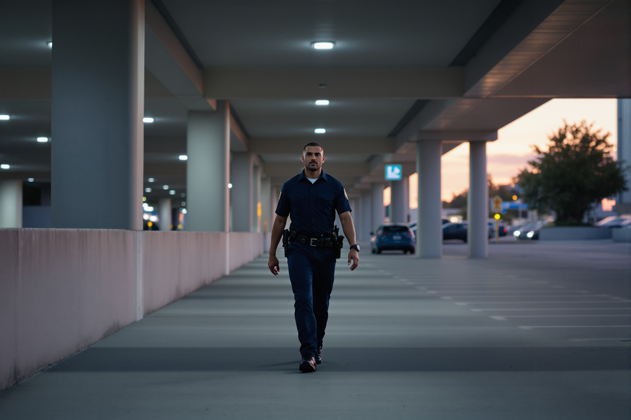 Healthcare security guard on patrol through a hospital parking structure at dusk, providing 24-hour facility security